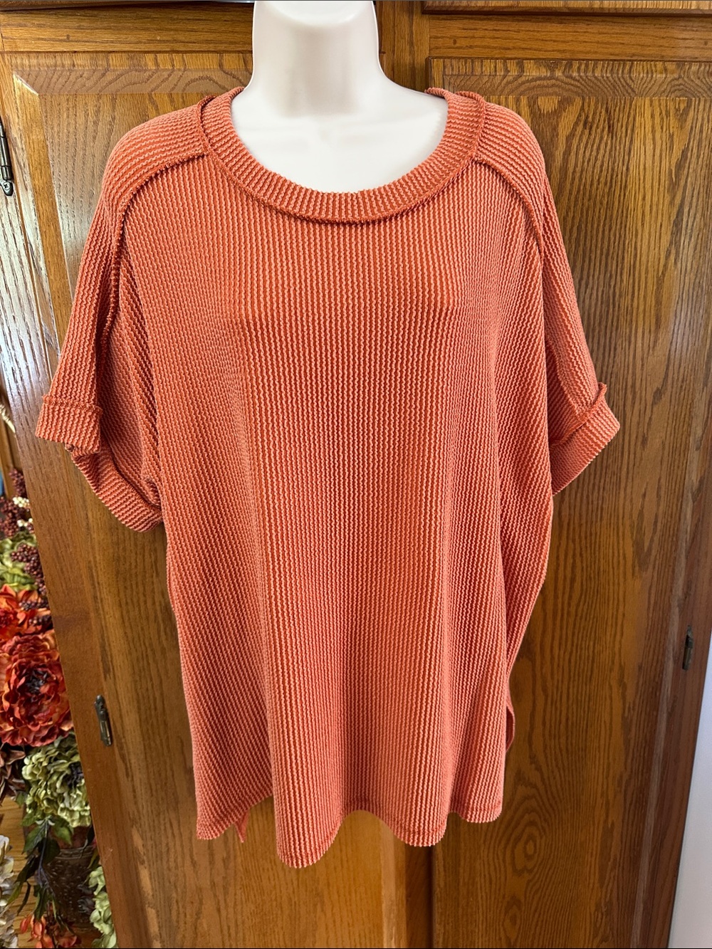 Zenana Outfitters Oversized Short Sleeve Knit Top - Coral Orange